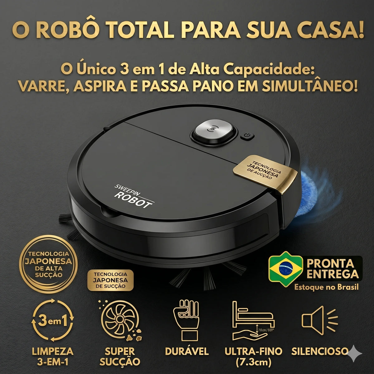 Robô Varredora/Aspirador De Pó 1200PA Automática 3 Em 1 Limpeza Doméstica Robótico Inteligente E Silencioso