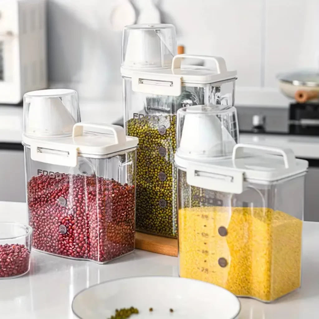 Pote Hermético Copo Medidor Bico Dosador Cozinha Mantimentos Lavanderia Multiuso Armazenamento Prático Compacto Organizador