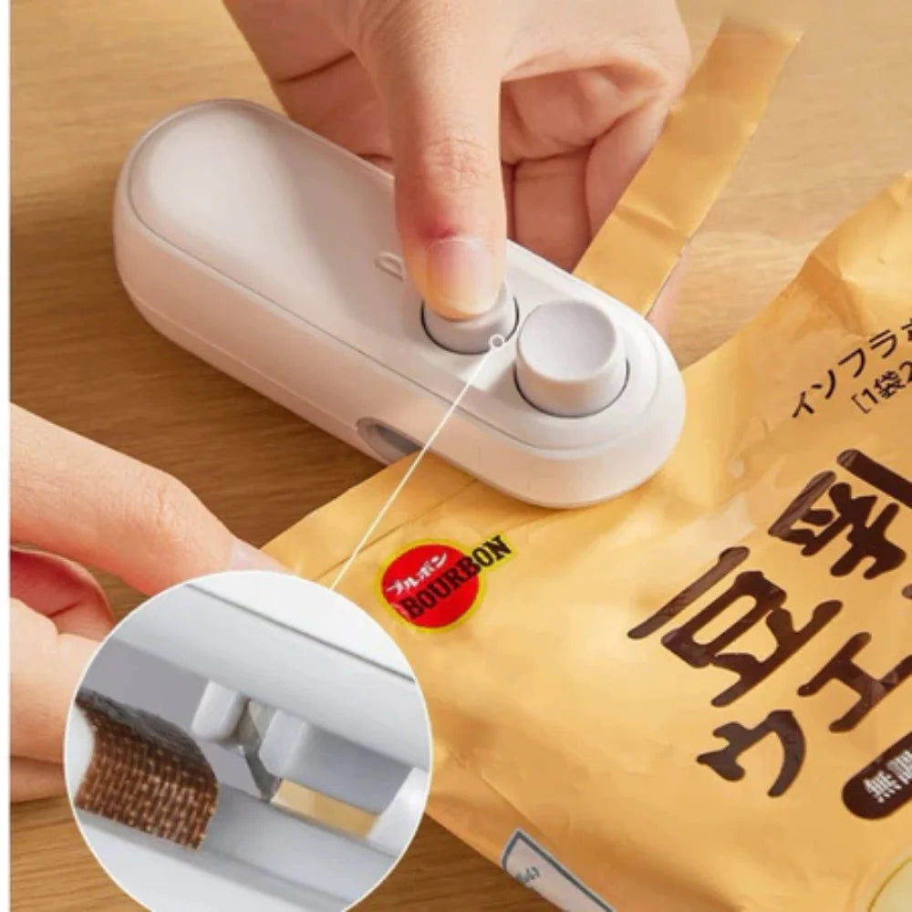 Mini Selador De Embalagens USB Recarregável Com Cortador Integrado E Selagem a Vácuo Para Alimentos E Cozinha