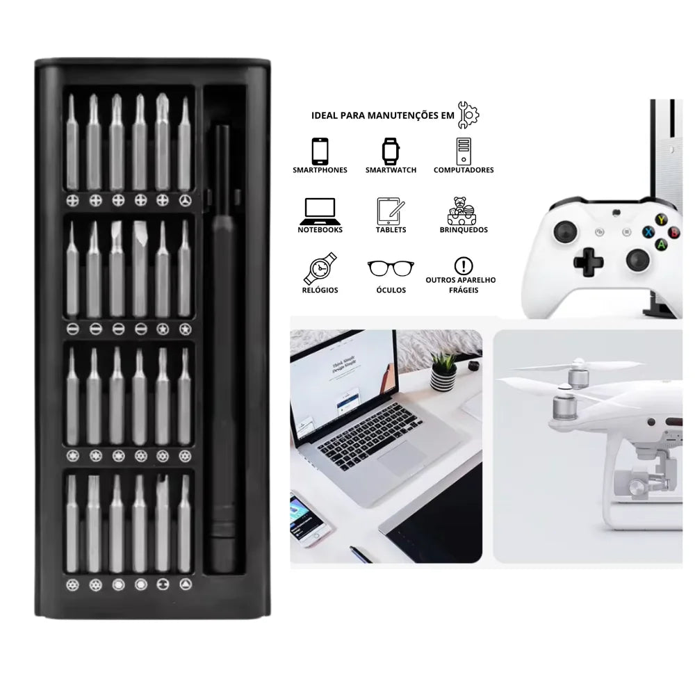 Kit de Jogo de Ferramentas de Chave Magnética de Precisão de 24 Peças + Caneta de Liga de Alumínio com Caixa Organizadora Preta