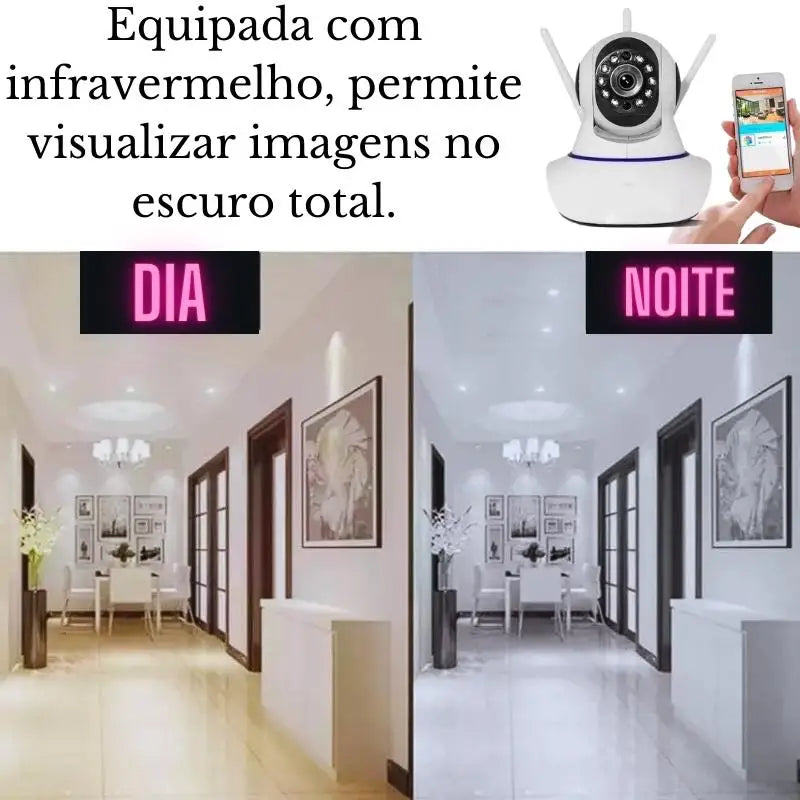 Câmera IP Wireless WiFi 3 Antenas - Onvif P2P HD Giro 355°