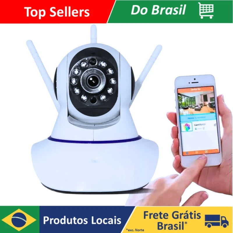 Câmera IP Wireless WiFi 3 Antenas - Onvif P2P HD Giro 355°