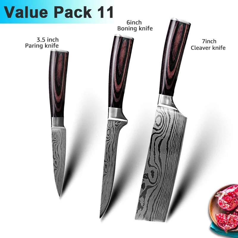 Facas de Cozinha Aço Damasco - Conjunto Profissional Chef Santoku