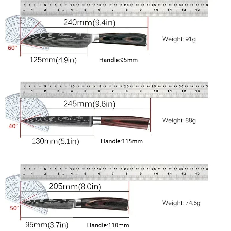 Conjunto 3 Facas de Cozinha Damasco Laser - Chef, Santoku e Utilitária