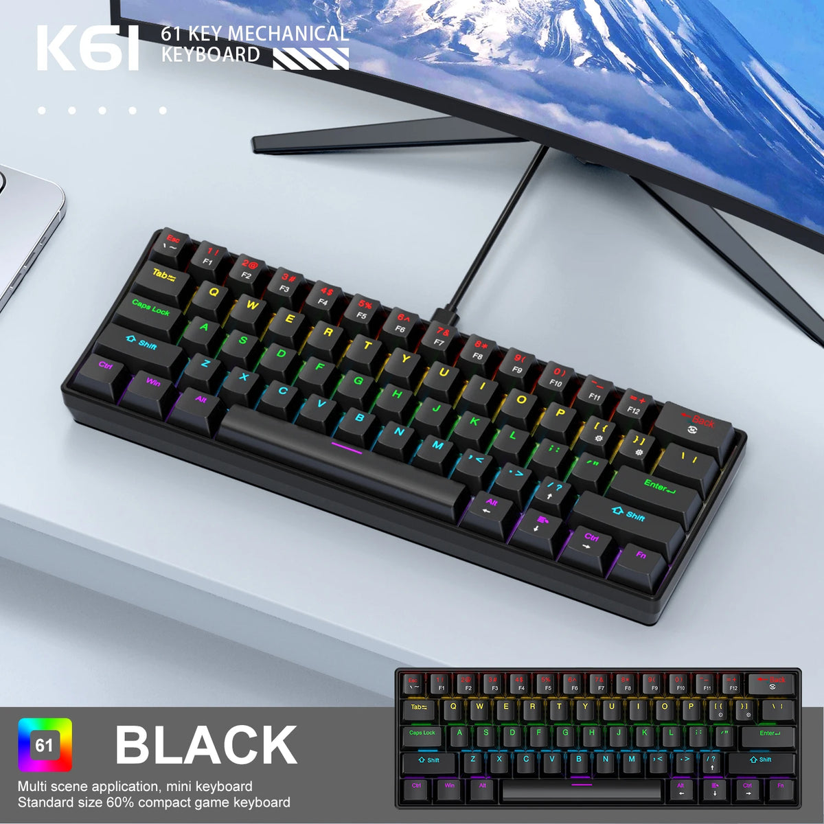 Teclado Mecânico Mini APAYADO K61, Com Fio, 61 Teclas, RGB Fantasma, Preto/Branco Vermelho/Azul, Interruptor Mecânico para Jogos, 60% Portátil