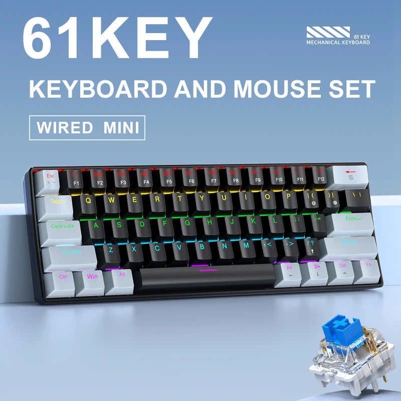 Teclado Mecânico Mini APAYADO K61, Com Fio, 61 Teclas, RGB Fantasma, Preto/Branco Vermelho/Azul, Interruptor Mecânico para Jogos, 60% Portátil