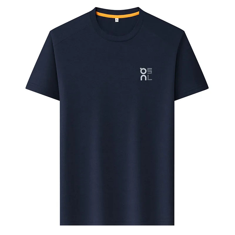 Camiseta masculina de verão de manga curta de seda gelada de marca de alto padrão, respirável, confortável, de secagem rápida, com estampa de moda, gola redonda casual.