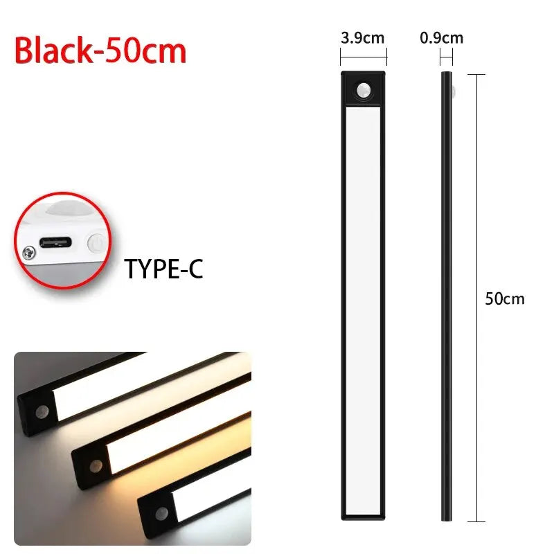 Led sensor de movimento luz noturna sem fio usb sob a luz do armário para armário de cozinha quarto guarda-roupa sensor iluminação interior
