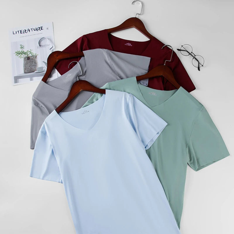 Camiseta Masculina Gola V Seda Gelo - Slim Manga Curta Verão
