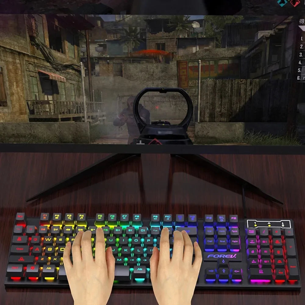 Teclado Mecânico Retroiluminado de 104 Teclas Teclado de Jogo com Fio  Conjunto de Teclado e Mouse Luminosa à Prova d'Água para Gamer PC Laptop Escritório