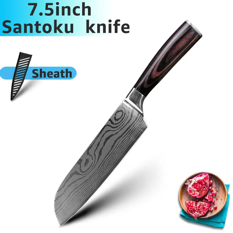 Facas de Cozinha Aço Damasco - Conjunto Profissional Chef Santoku