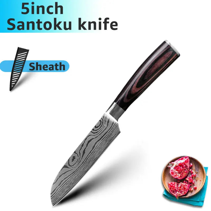 Facas de Cozinha Aço Damasco - Conjunto Profissional Chef Santoku