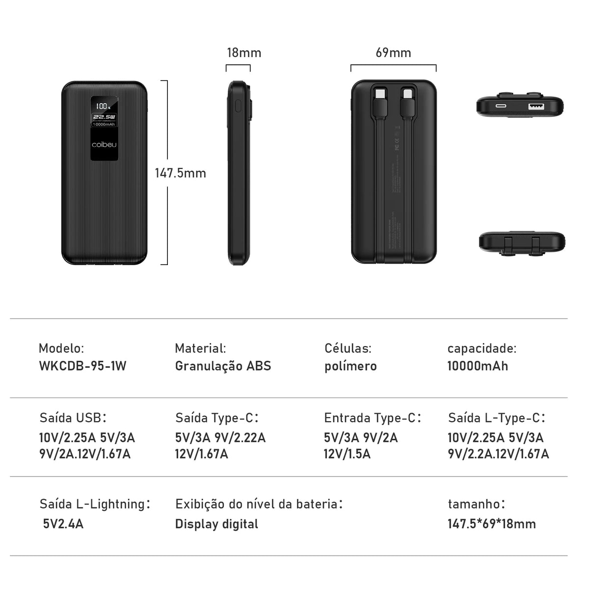 Powerbank Portátil 10000mAh 23W - Bateria Recarregável Carregamento Rápido