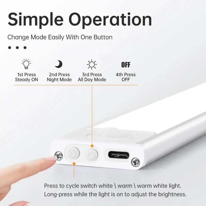 Led sensor de movimento luz noturna sem fio usb sob a luz do armário para armário de cozinha quarto guarda-roupa sensor iluminação interior