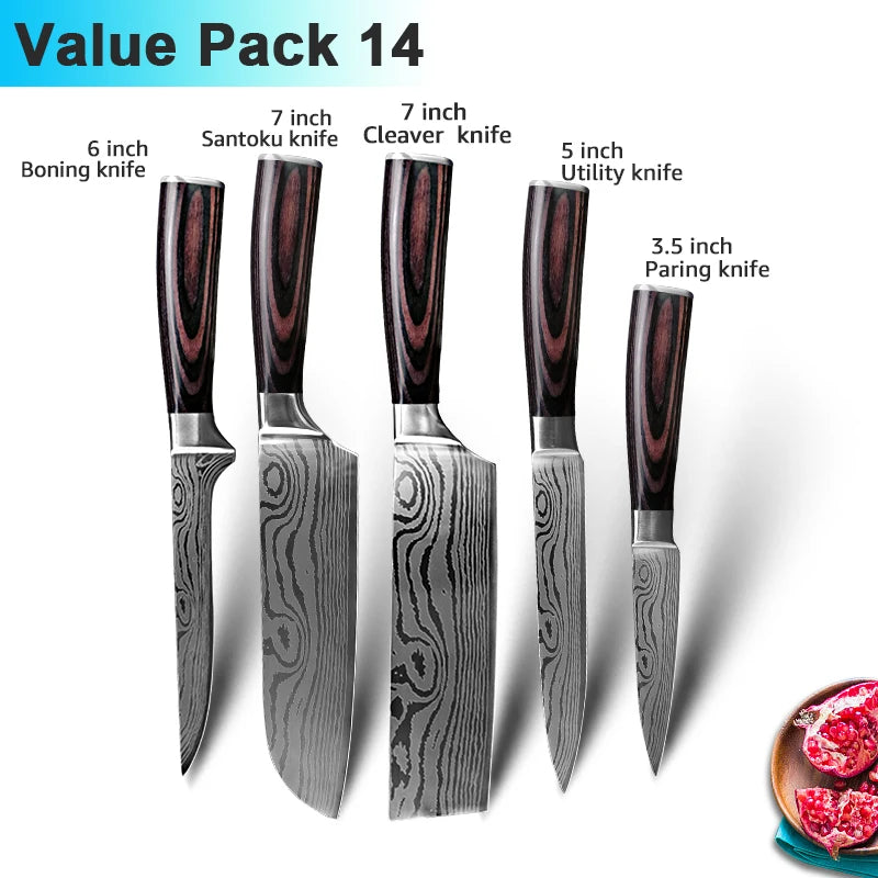 Facas de Cozinha Aço Damasco - Conjunto Profissional Chef Santoku
