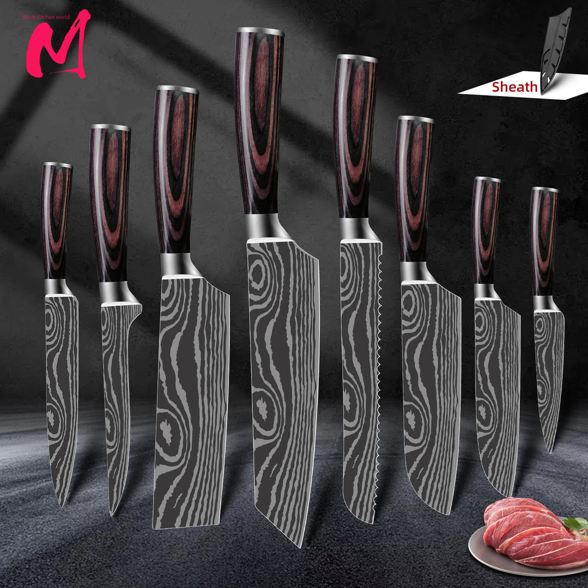 Kit Facas de Cozinha 7CR17 Aço Inox Damasco - Chef, Santoku, Cutelo