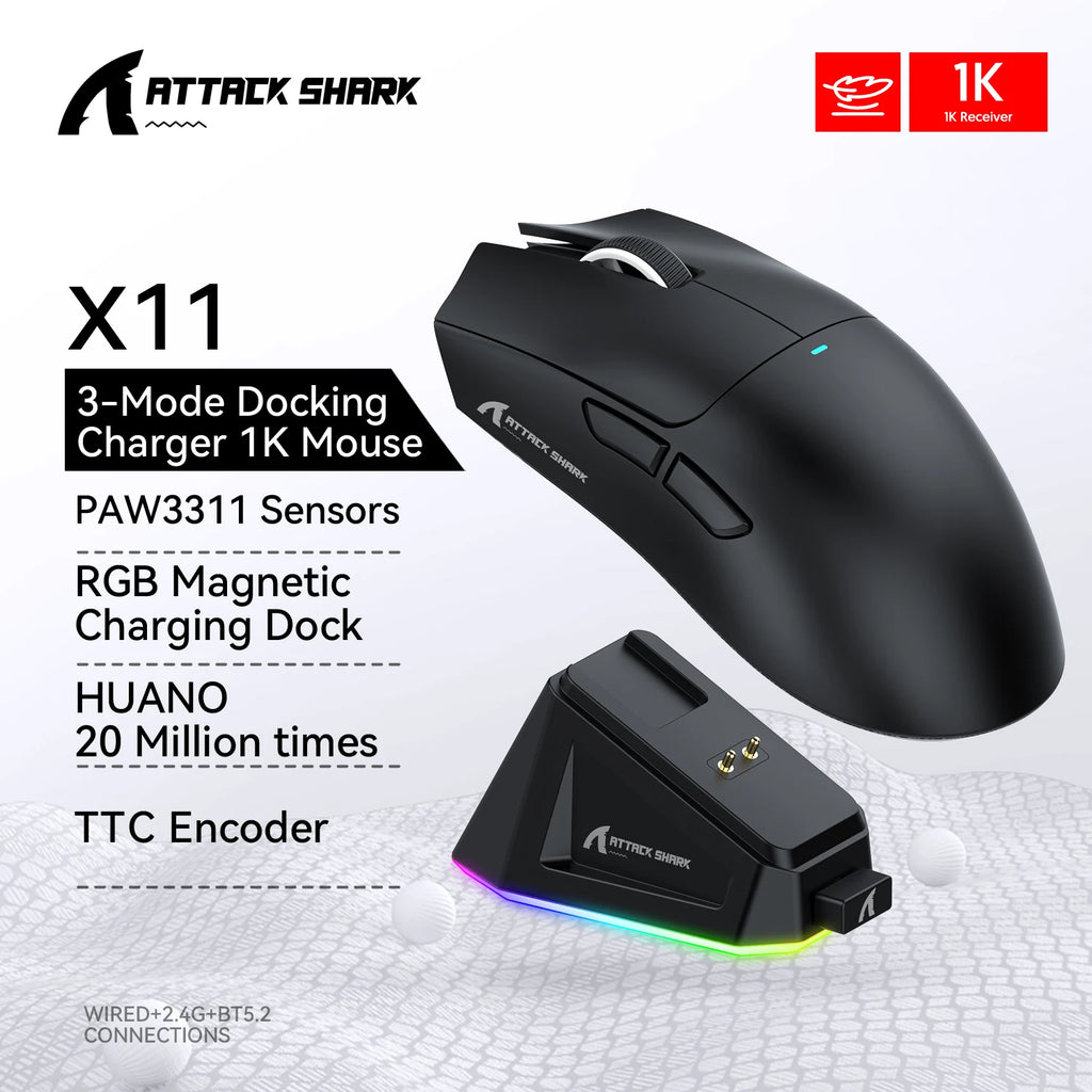 Mouse Gamer Sem Fio Attack Shark R1/X11, 18K DPI PAW3311, Ergonômico, Leve, Tri-Modos Bluetooth 2.4GHz USB, para PC/Notebook