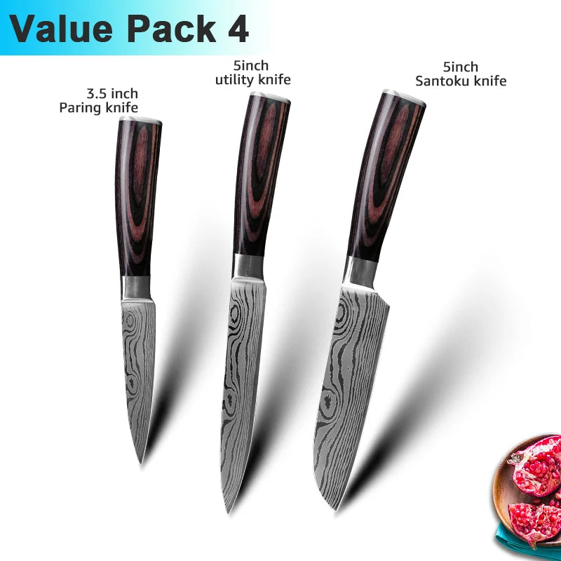 Facas de Cozinha Aço Damasco - Conjunto Profissional Chef Santoku