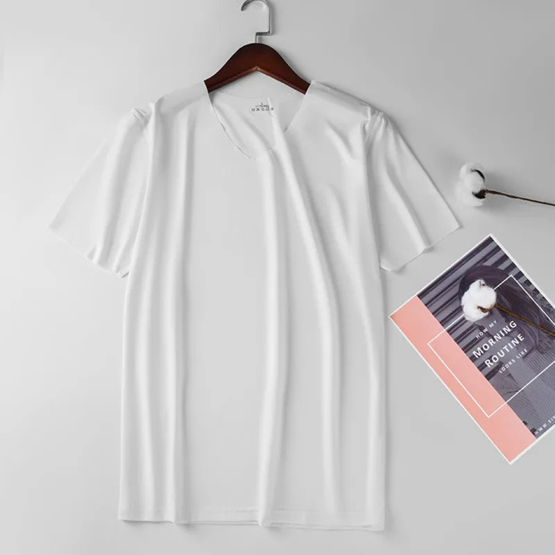 Camiseta Masculina Gola V Seda Gelo - Slim Manga Curta Verão