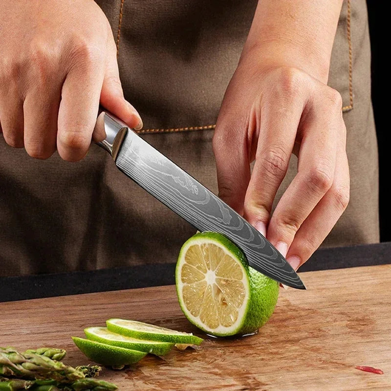 Conjunto 3 Facas de Cozinha Damasco Laser - Chef, Santoku e Utilitária