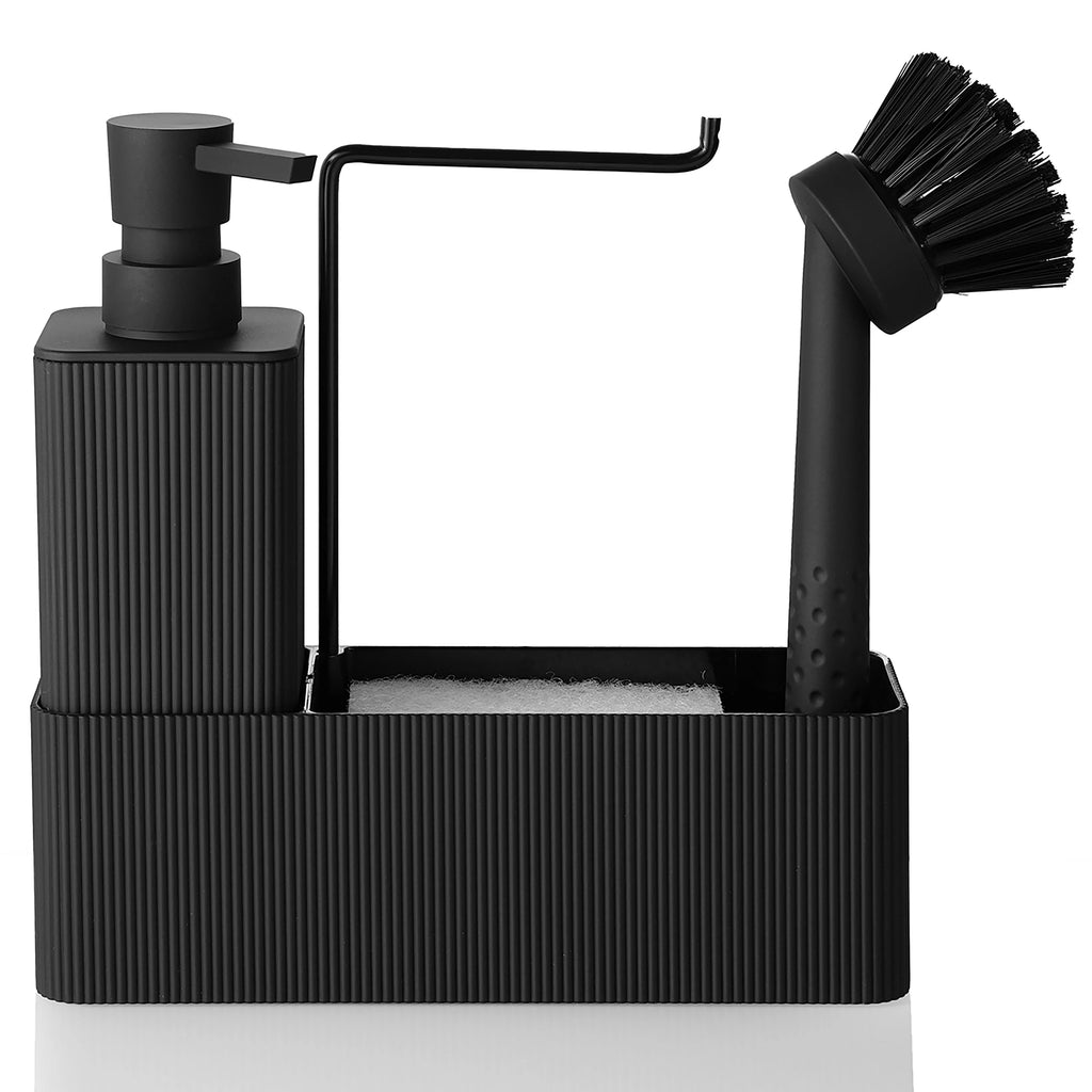 Dispensador de Sabão Preto Fosco para Cozinha - Inclui Dispensador de Sabão, Suporte para Esponja, Suporte para Toalha e Escova de Louça, Adequado para Cozinha