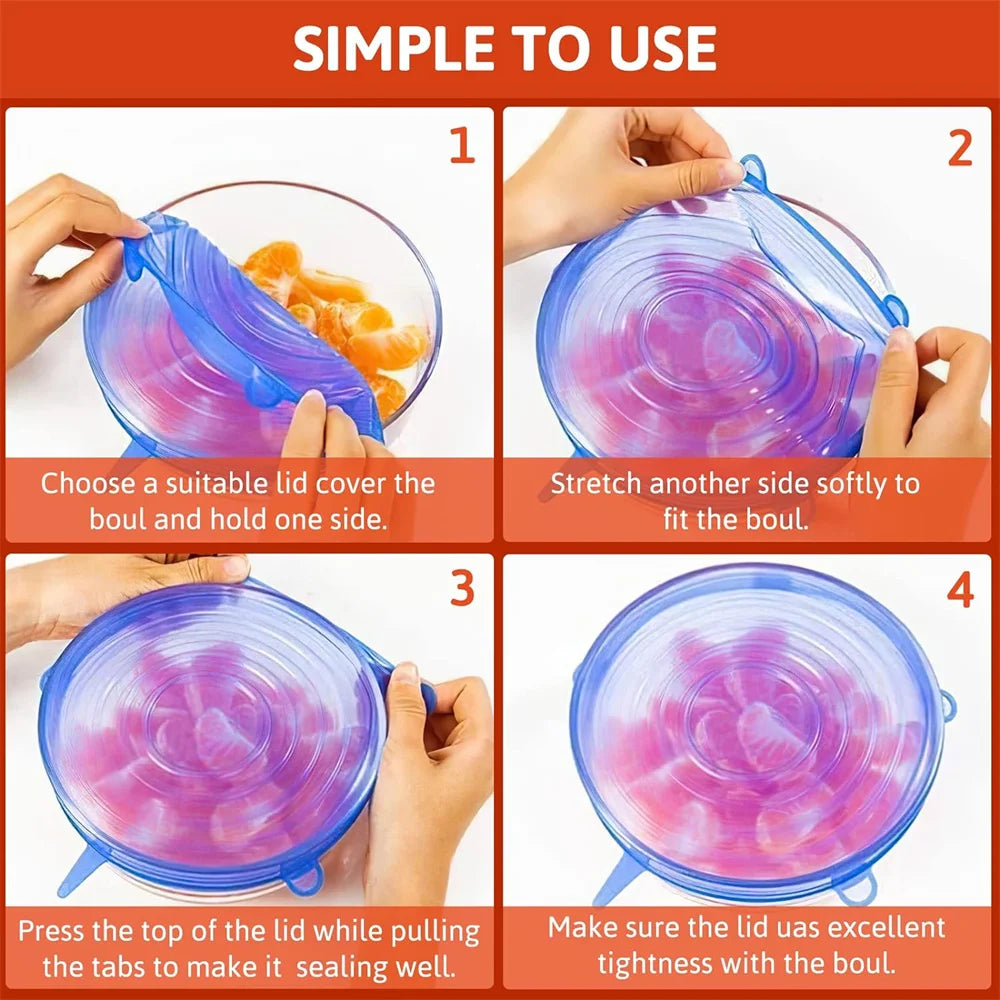 6 pçs grau alimentício silicone preservação capa reutilizável hermético comida universal prato estiramento tampas redondas para acessórios de cozinha