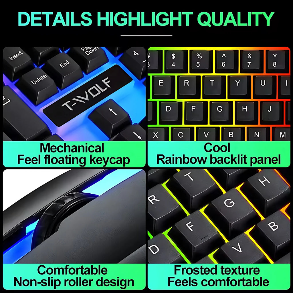 Teclado e Mouse com Iluminação de Fundo Arco-íris com Fio, Teclas Flutuantes Resistentes, Teclado Confortável e Durável para Escritório Empresarial