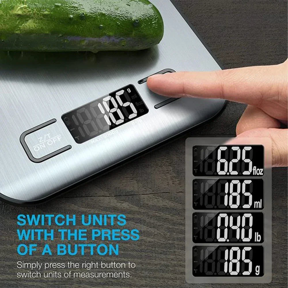 Balança digital de cozinha, 5kg/10kg, comida, multifuncional, aço inoxidável, display lcd, medição de gramas, onças, cozinhar, assar