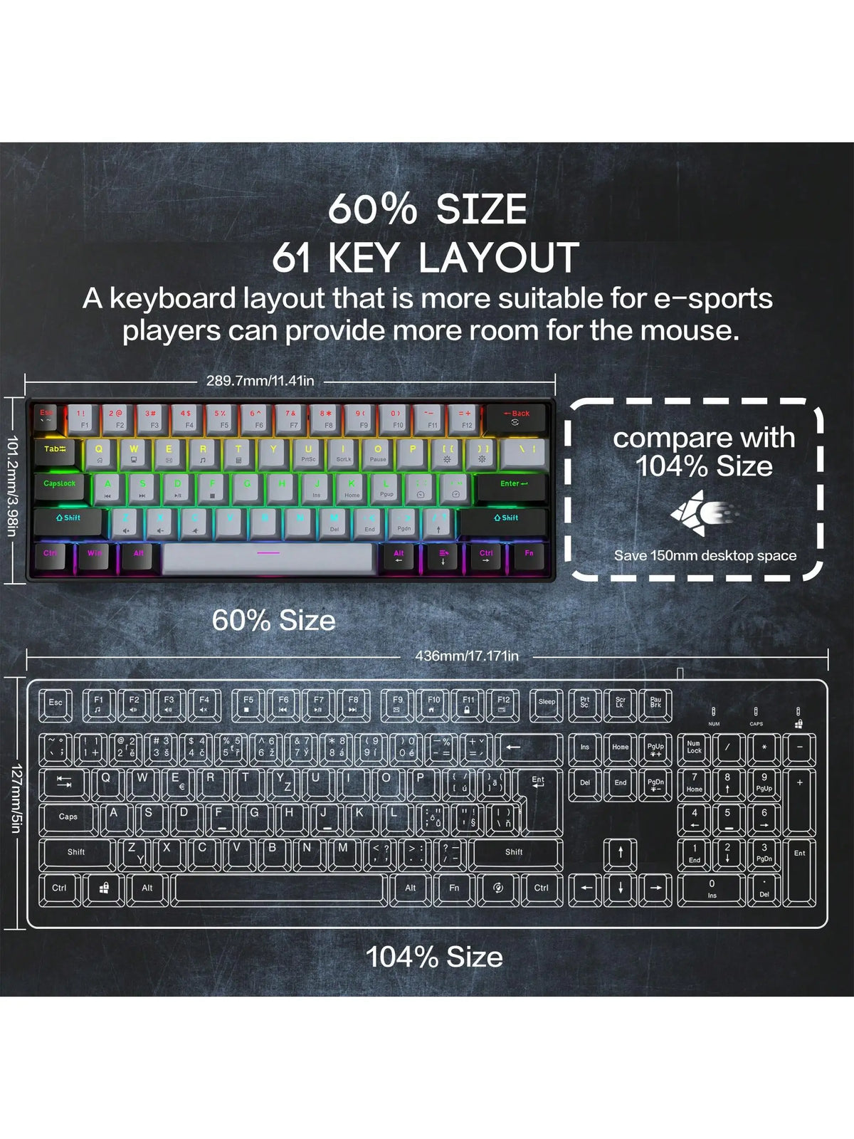 Teclado Mecânico Gamer com Fio 60% RGB Retroiluminado Layout Mini Ultra Compacto para Jogadores e Digitadores de PC/Mac Design Fácil de Viajar