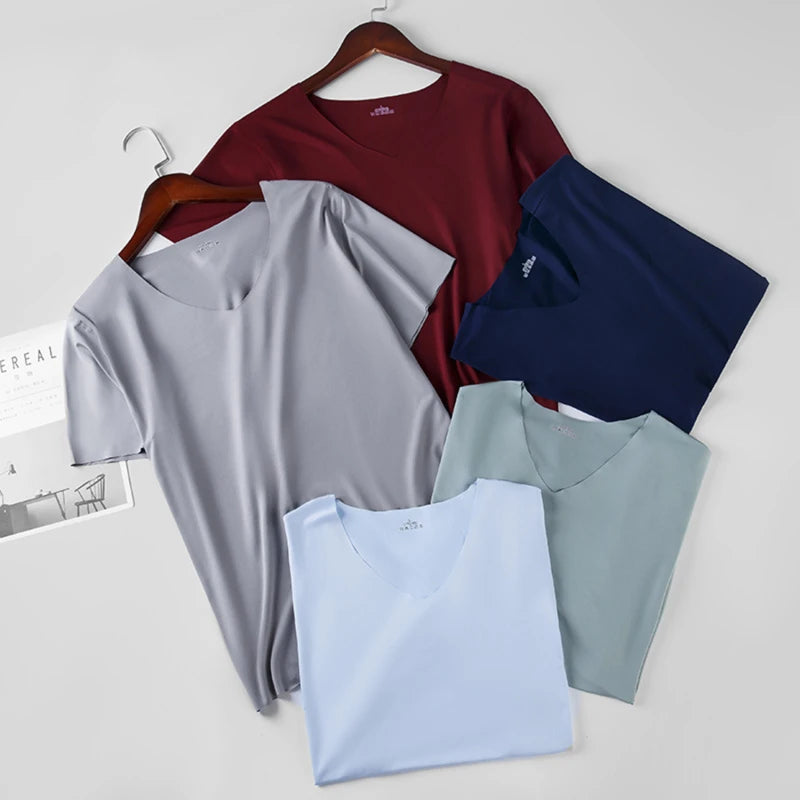 Camiseta Masculina Gola V Seda Gelo - Slim Manga Curta Verão