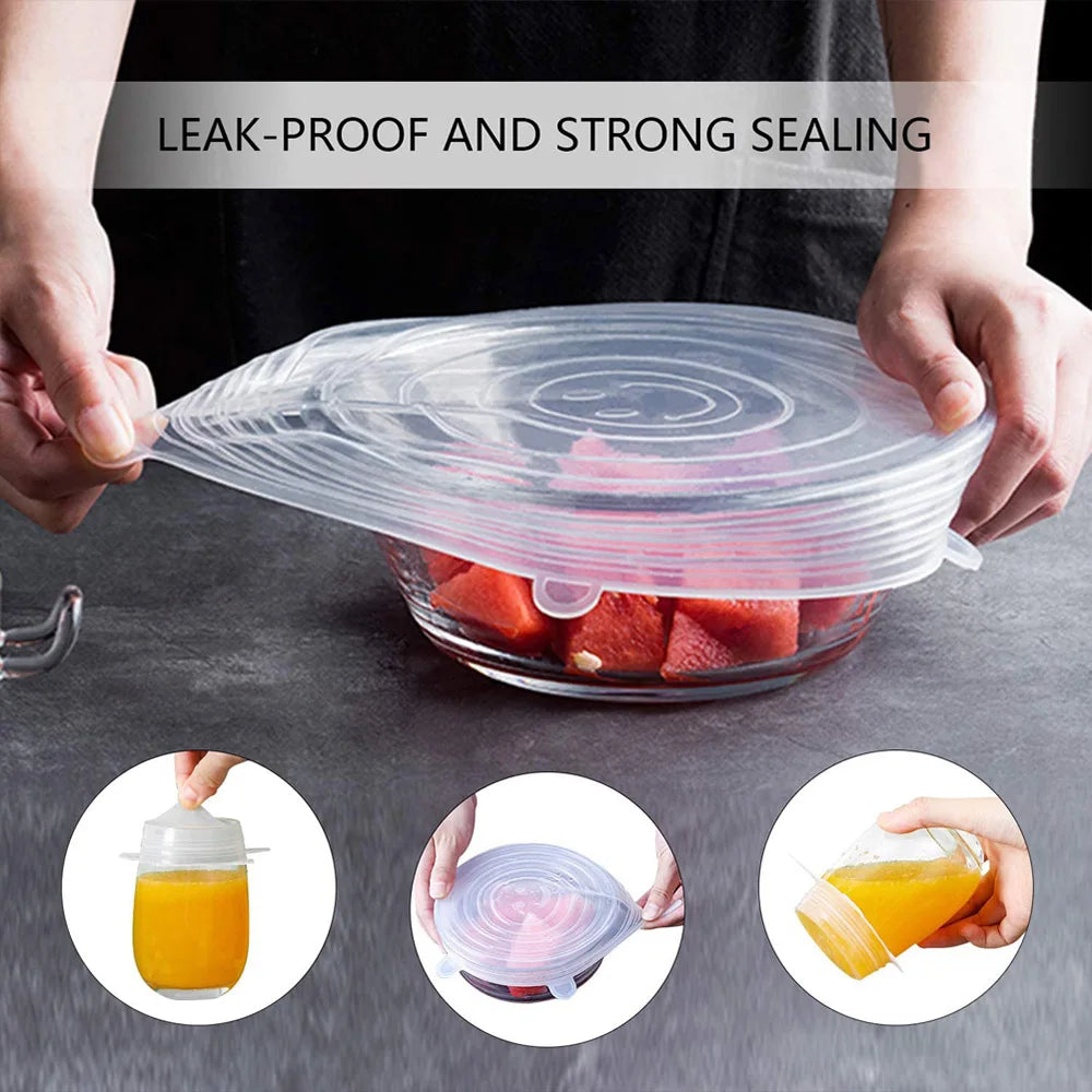 6 pçs reutilizáveis tampas de silicone tampas de silicone adaptáveis para latas pratos de alimentos frescos-mantendo acessórios de cozinha utensílios