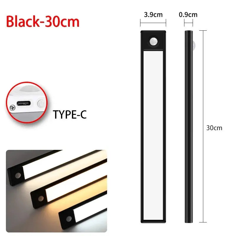 Led sensor de movimento luz noturna sem fio usb sob a luz do armário para armário de cozinha quarto guarda-roupa sensor iluminação interior