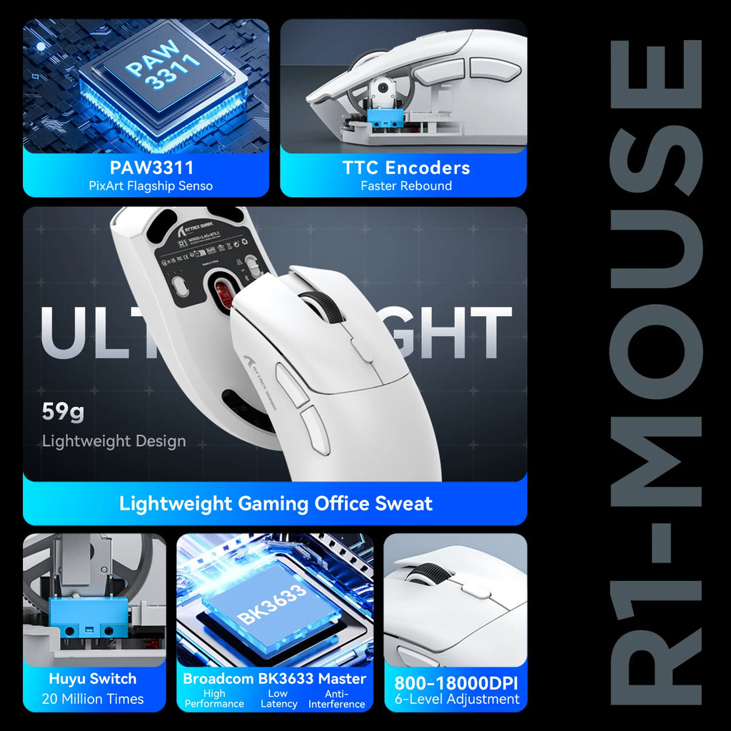 Mouse Gamer Sem Fio Attack Shark R1/X11, 18K DPI PAW3311, Ergonômico, Leve, Tri-Modos Bluetooth 2.4GHz USB, para PC/Notebook