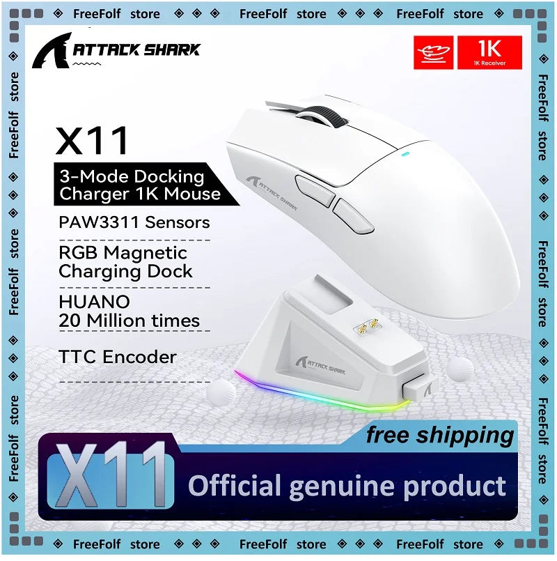 Mouse Gamer Sem Fio Attack Shark X11 X11SE 3 Modos, PAW3311, 22000DPI, 400IPS, Mouse Gamer para PC