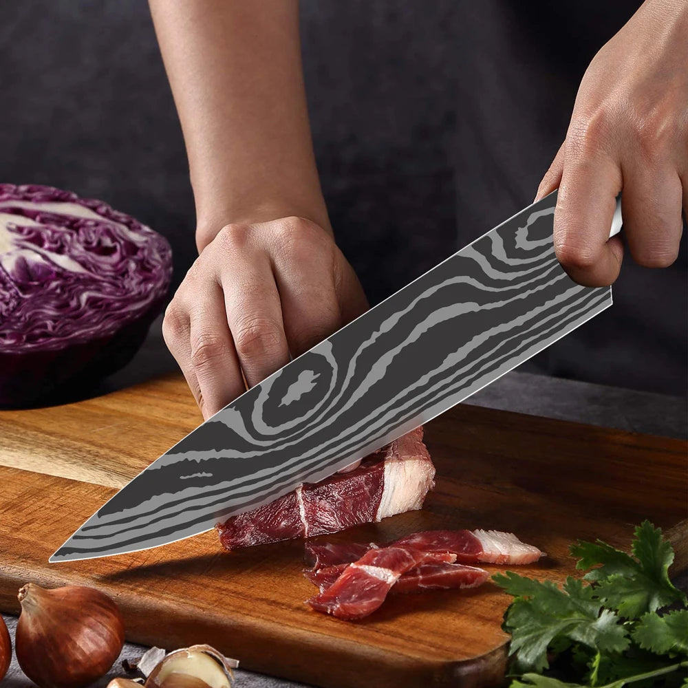 Facas de Cozinha Aço Damasco - Conjunto Profissional Chef Santoku