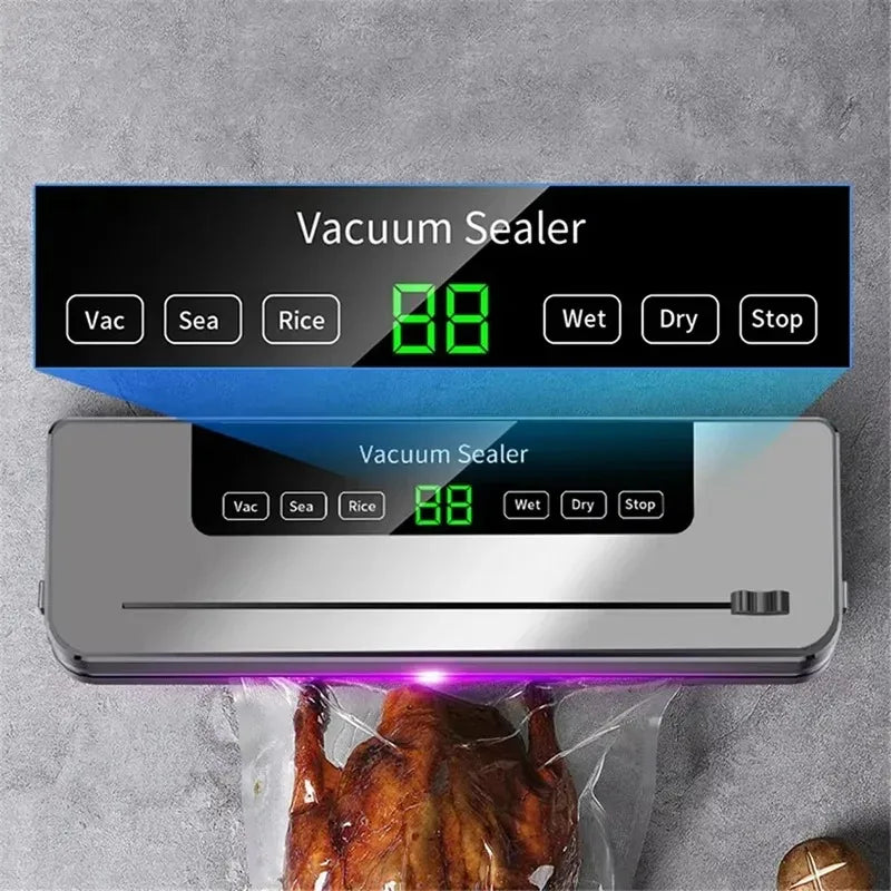 Máquina elétrica doméstica seladora a vácuo - operação com um toque com cortador embutido, ferramenta de embalagem para armazenamento de alimentos de cozinha