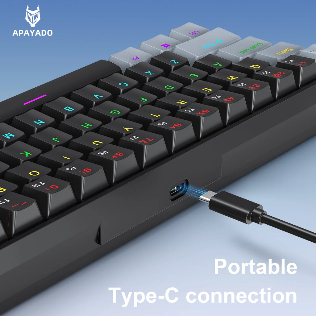 Teclado Mecânico Mini APAYADO K61, Com Fio, 61 Teclas, RGB Fantasma, Preto/Branco Vermelho/Azul, Interruptor Mecânico para Jogos, 60% Portátil