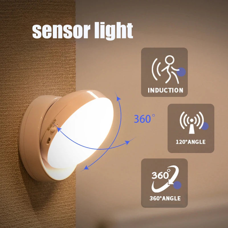 360 °   Pir sensor de movimento luz redonda poupança energia quarto usb recarregável noite lâmpada armário cabeceira escadas indução lâmpada inteligente