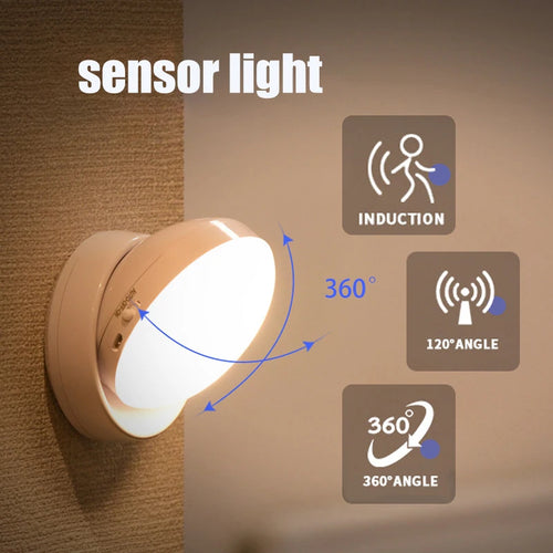 360 °   Pir sensor de movimento luz redonda poupança energia quarto usb recarregável noite lâmpada armário cabeceira escadas indução lâmpada inteligente