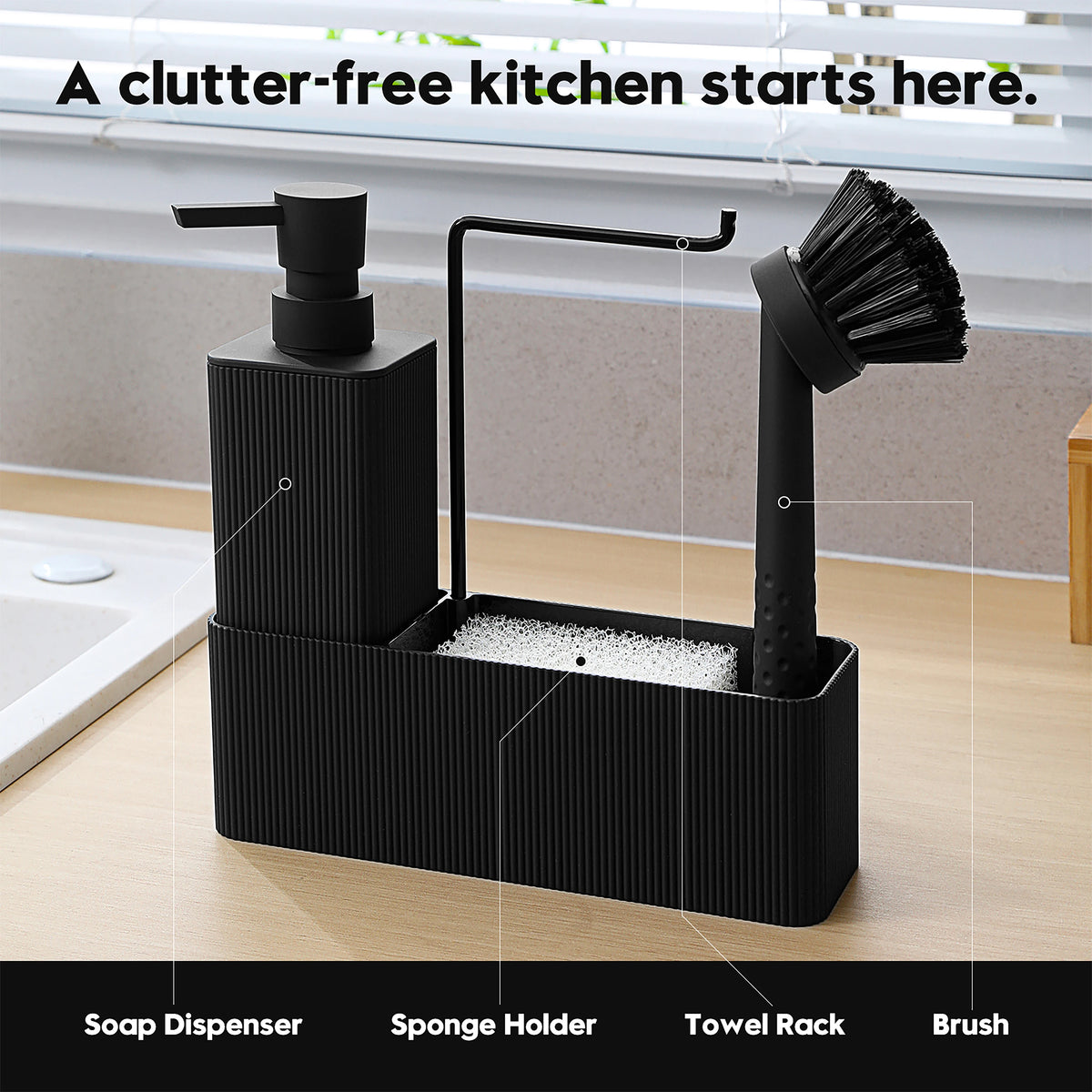 Dispensador de Sabão Preto Fosco para Cozinha - Inclui Dispensador de Sabão, Suporte para Esponja, Suporte para Toalha e Escova de Louça, Adequado para Cozinha