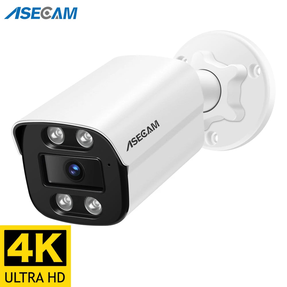 Nova Câmera IP 4K 8MP com Áudio para Exterior POE H.265 Onvif Metal Bullet Câmera de Vigilância Noturna Colorida para Casa