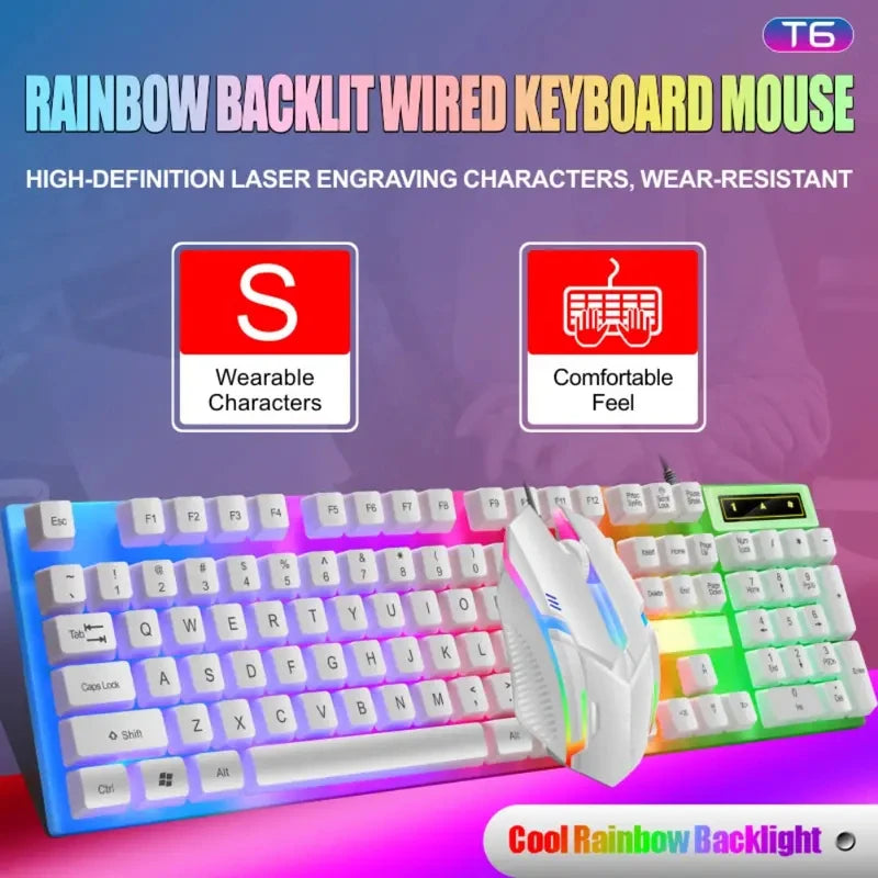 Combo de Teclado e Mouse USB Retroiluminados em LED Colorido, Confortável de Segurar, Durável e Resistente ao Desgaste.  Adequado para Negócios, Escritório,