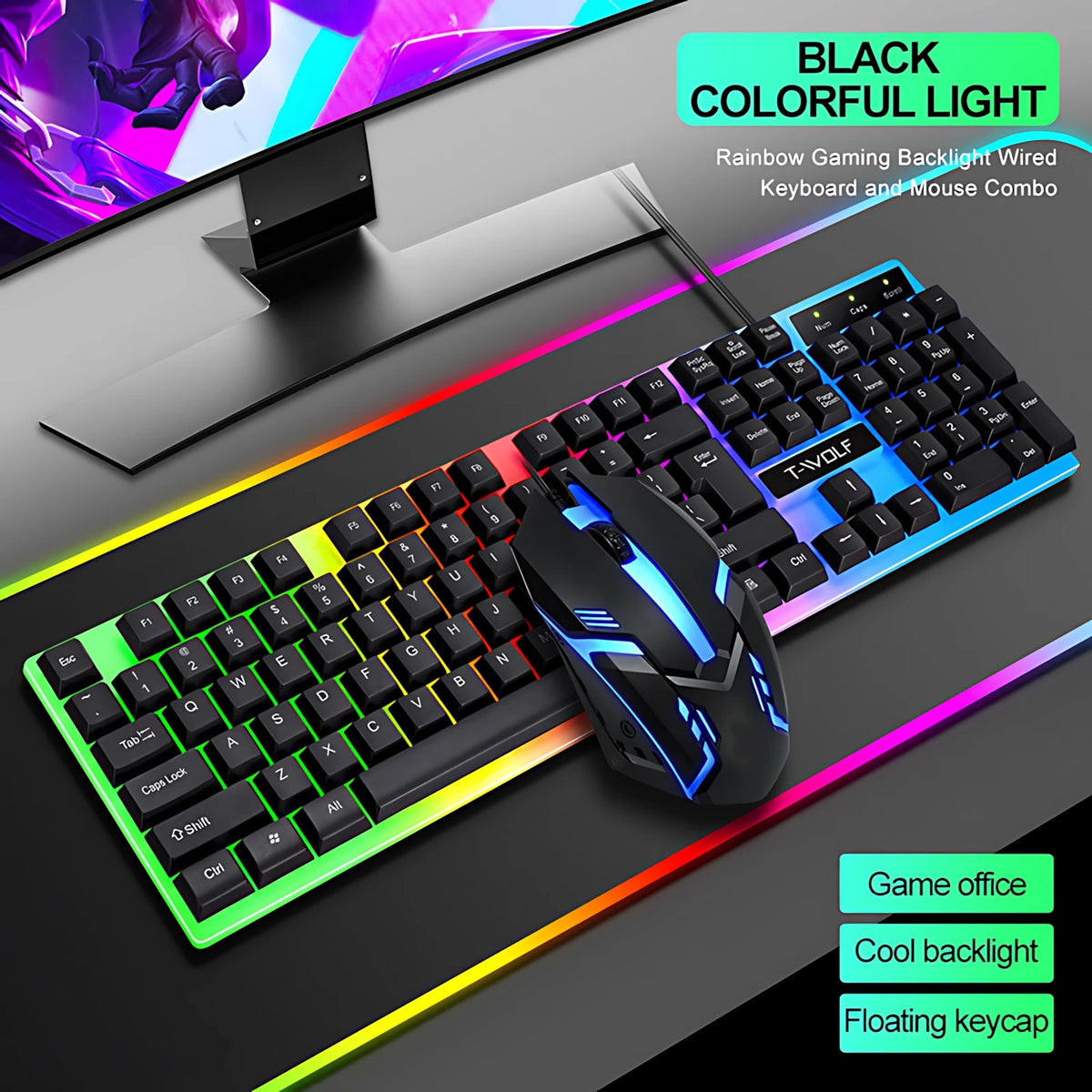 Teclado e Mouse com Iluminação de Fundo Arco-íris com Fio, Teclas Flutuantes Resistentes, Teclado Confortável e Durável para Escritório Empresarial