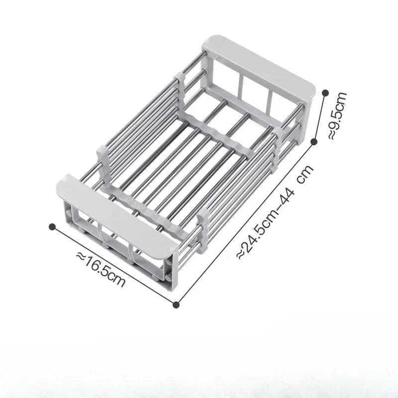 Rack de drenagem de cozinha retrátil, aço inoxidável, tigelas, louças, legumes, frutas, cesta de limpeza