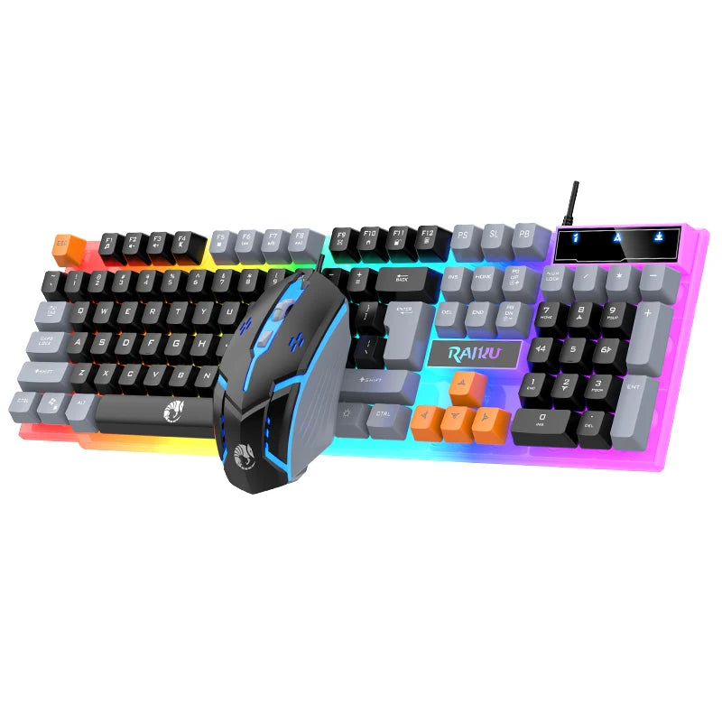 Teclado Único e Teclado Mouse RAIKU T2 Conjunto de Teclado e Mouse com Toque Mecânico Iluminado em Três Tons RAIKU T2