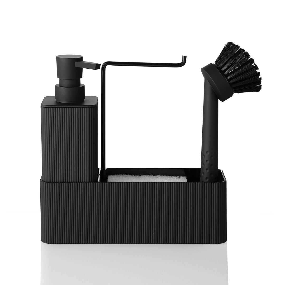 Dispensador de Sabão Preto Fosco para Cozinha - Inclui Dispensador de Sabão, Suporte para Esponja, Suporte para Toalha e Escova de Louça, Adequado para Cozinha