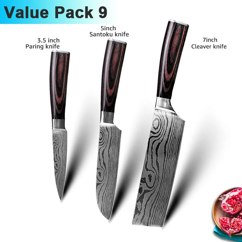 Facas de Cozinha Aço Damasco - Conjunto Profissional Chef Santoku