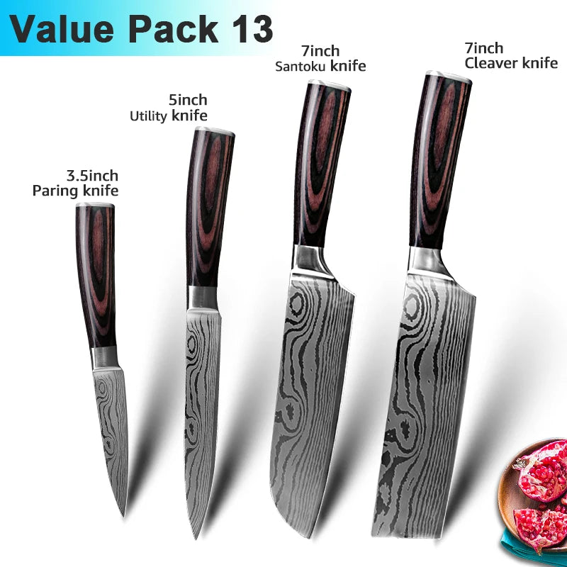 Facas de Cozinha Aço Damasco - Conjunto Profissional Chef Santoku