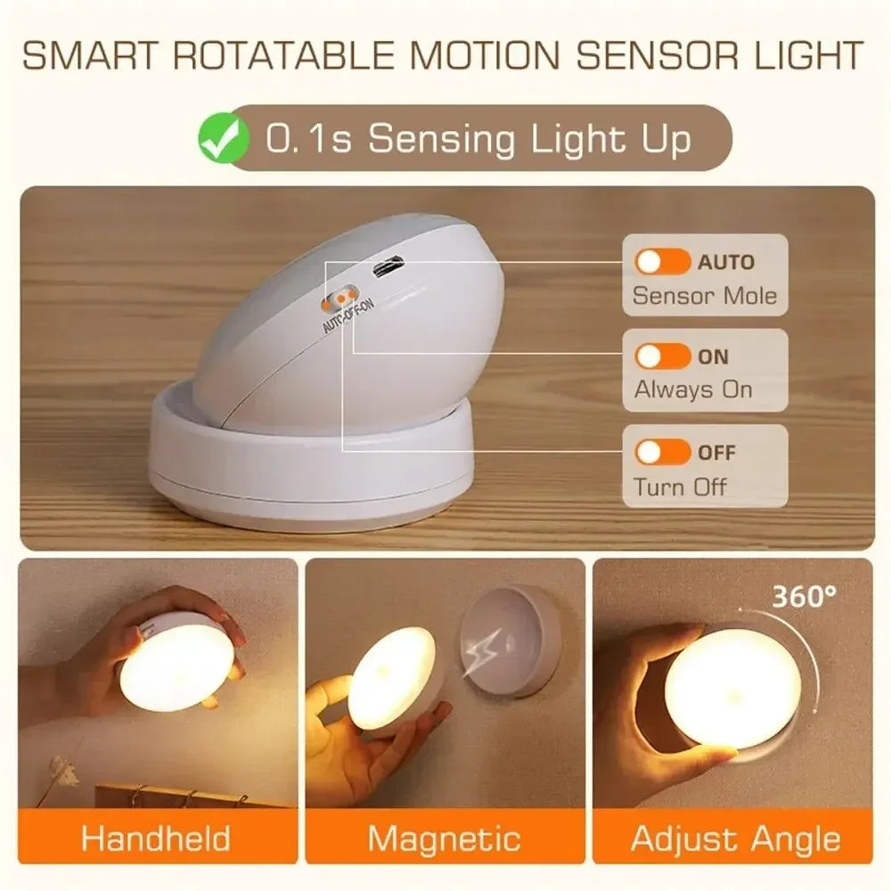 Lâmpada noturna com sensor de movimento luz noturna recarregável sem fio led 360 rotativa magnética para cozinha sala mesa de cabeceira