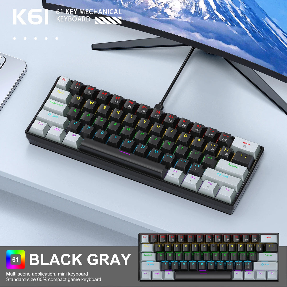 Teclado Mecânico Mini APAYADO K61, Com Fio, 61 Teclas, RGB Fantasma, Preto/Branco Vermelho/Azul, Interruptor Mecânico para Jogos, 60% Portátil